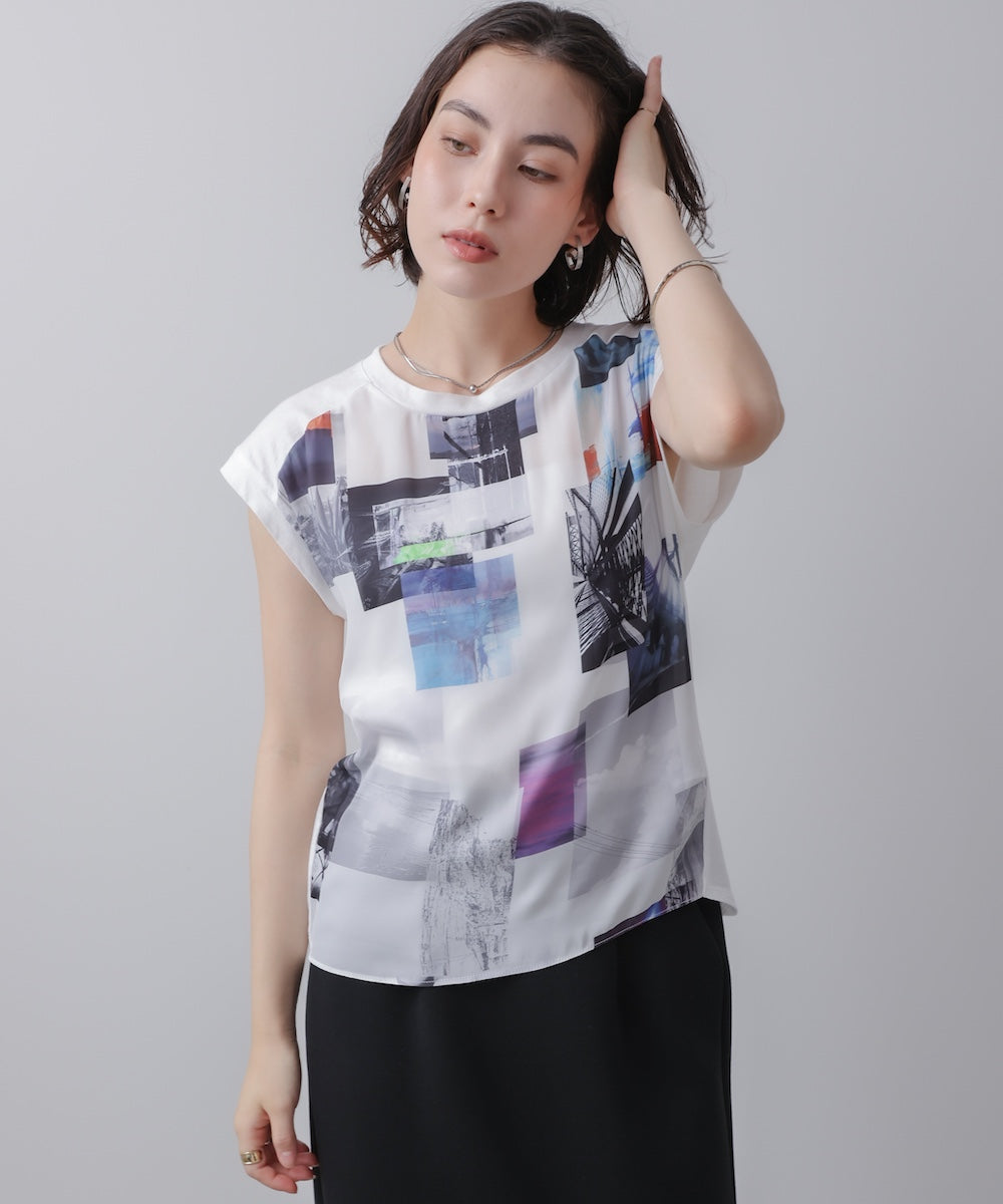 水彩ペイント柄ノースリプルオーバー