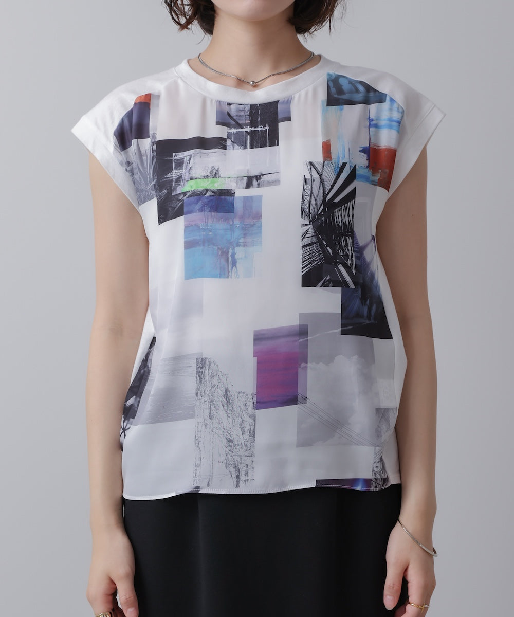 水彩ペイント柄ノースリプルオーバー