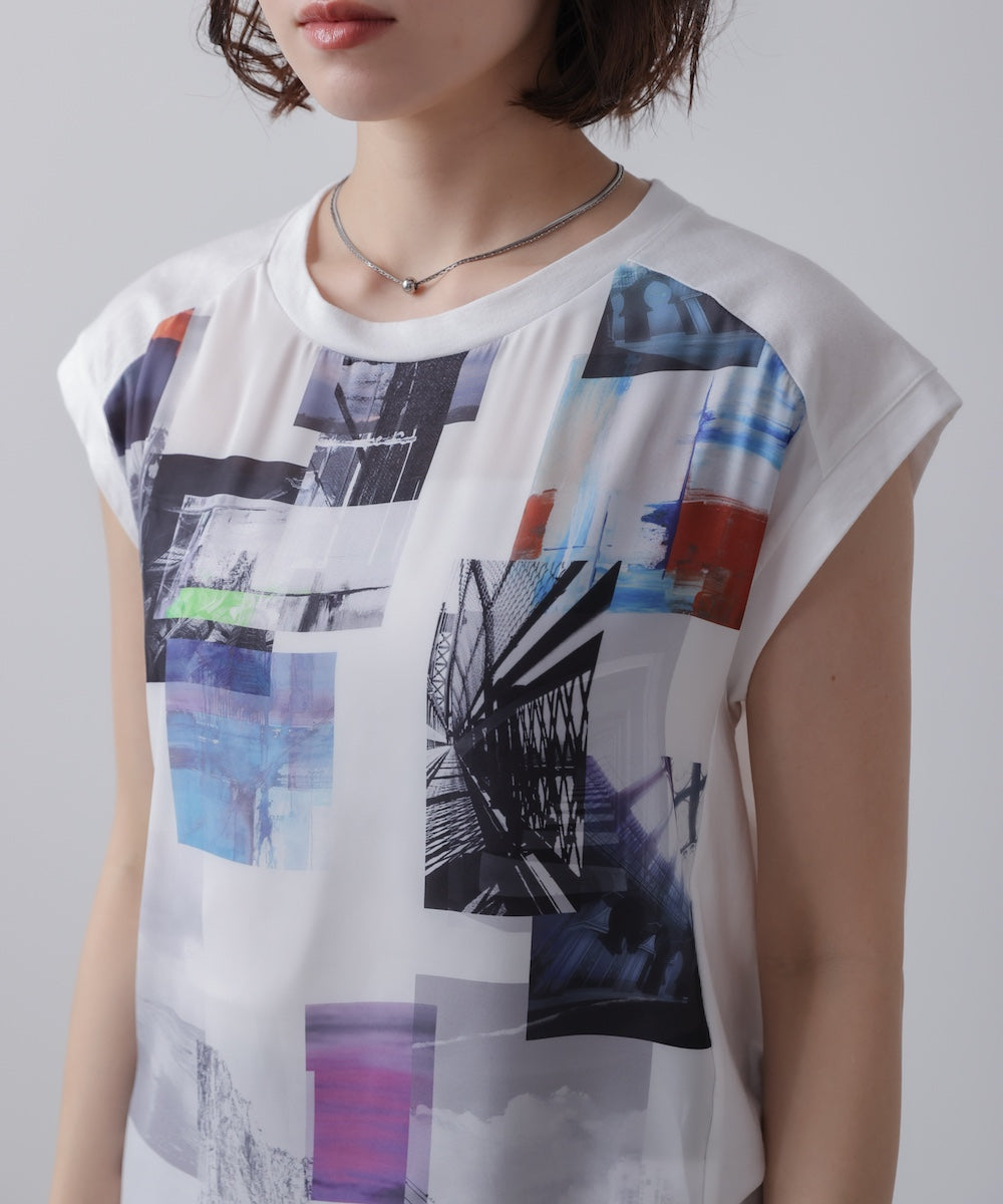 水彩ペイント柄ノースリプルオーバー