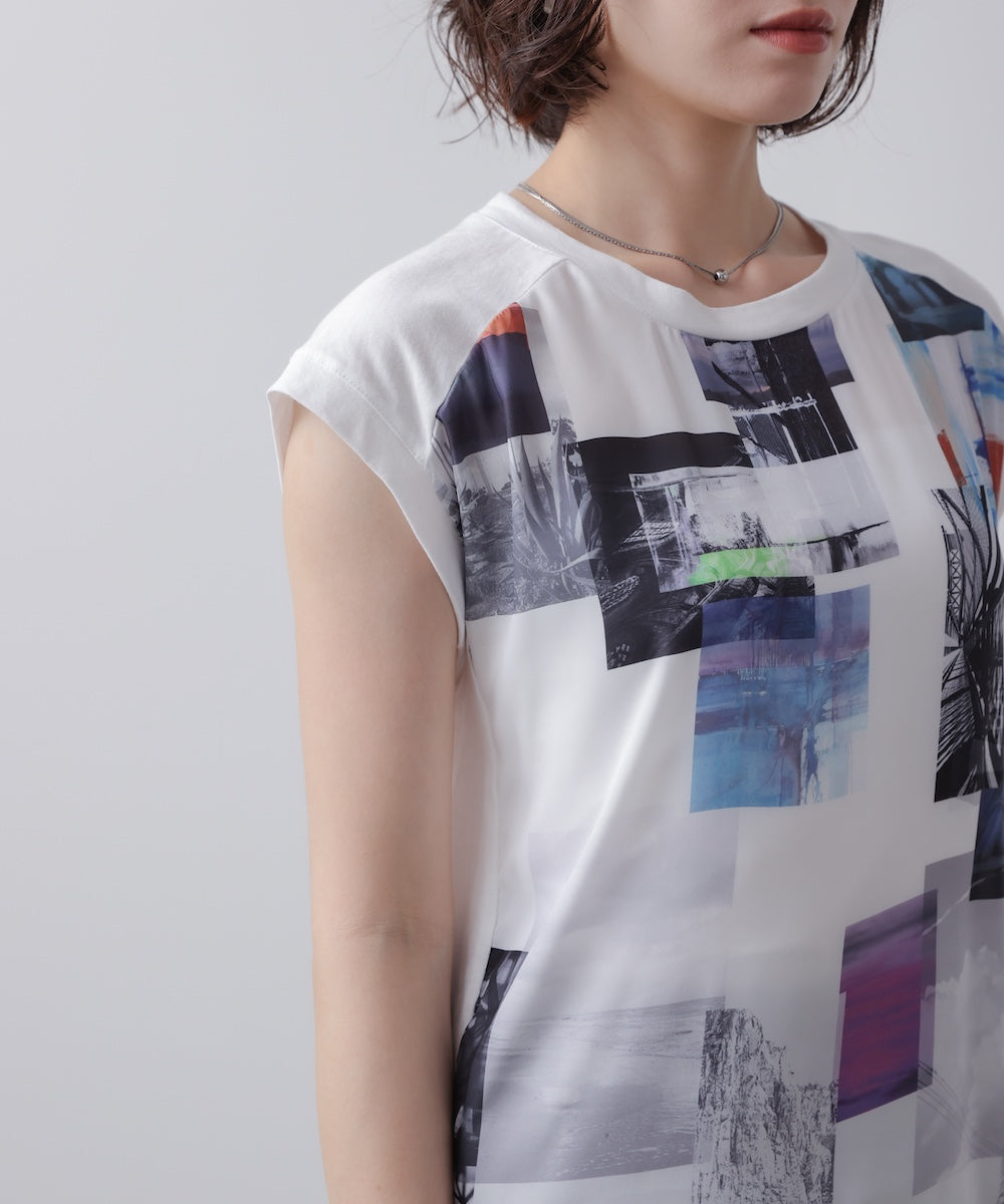 水彩ペイント柄ノースリプルオーバー