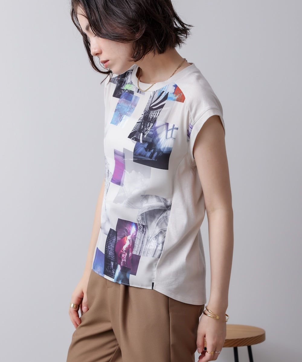 水彩ペイント柄ノースリプルオーバー