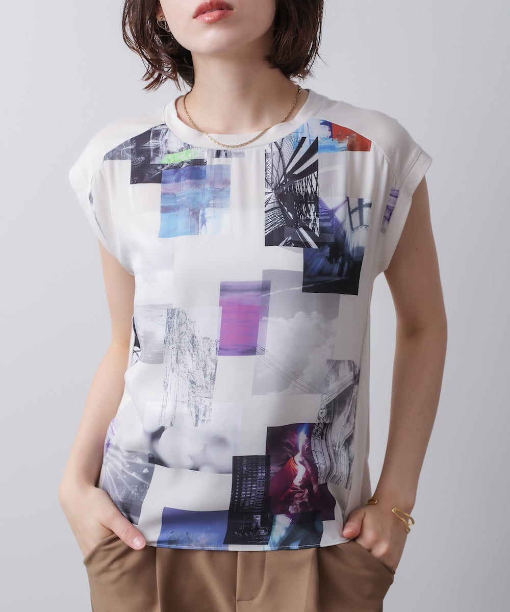 水彩ペイント柄ノースリプルオーバー