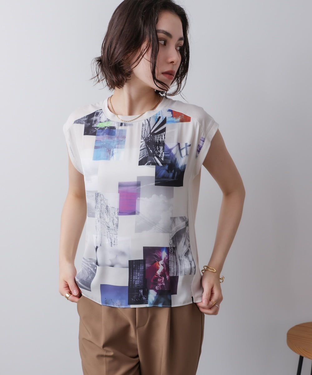 水彩ペイント柄ノースリプルオーバー