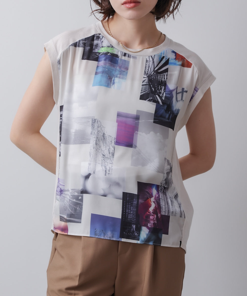 水彩ペイント柄ノースリプルオーバー