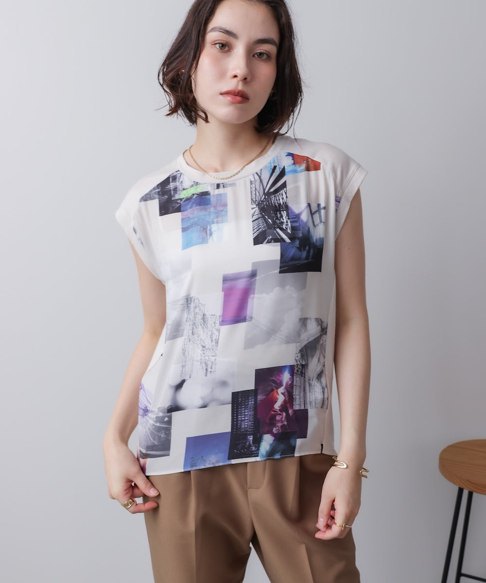 水彩ペイント柄ノースリプルオーバー