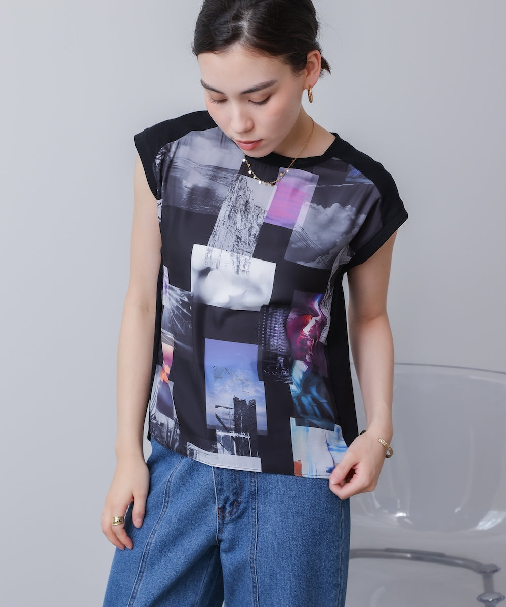 水彩ペイント柄ノースリプルオーバー