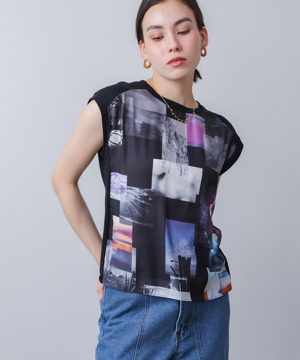 水彩ペイント柄ノースリプルオーバー