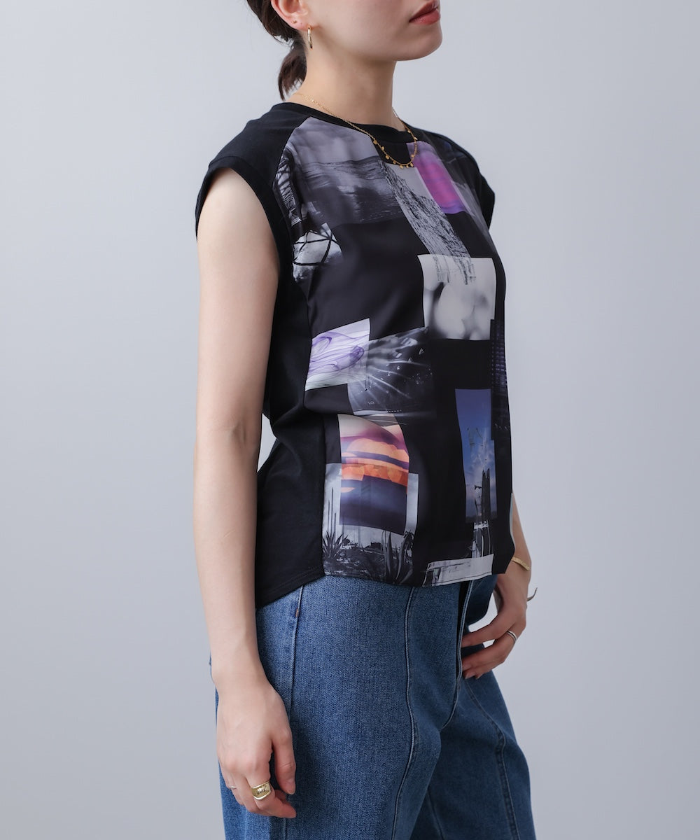 水彩ペイント柄ノースリプルオーバー