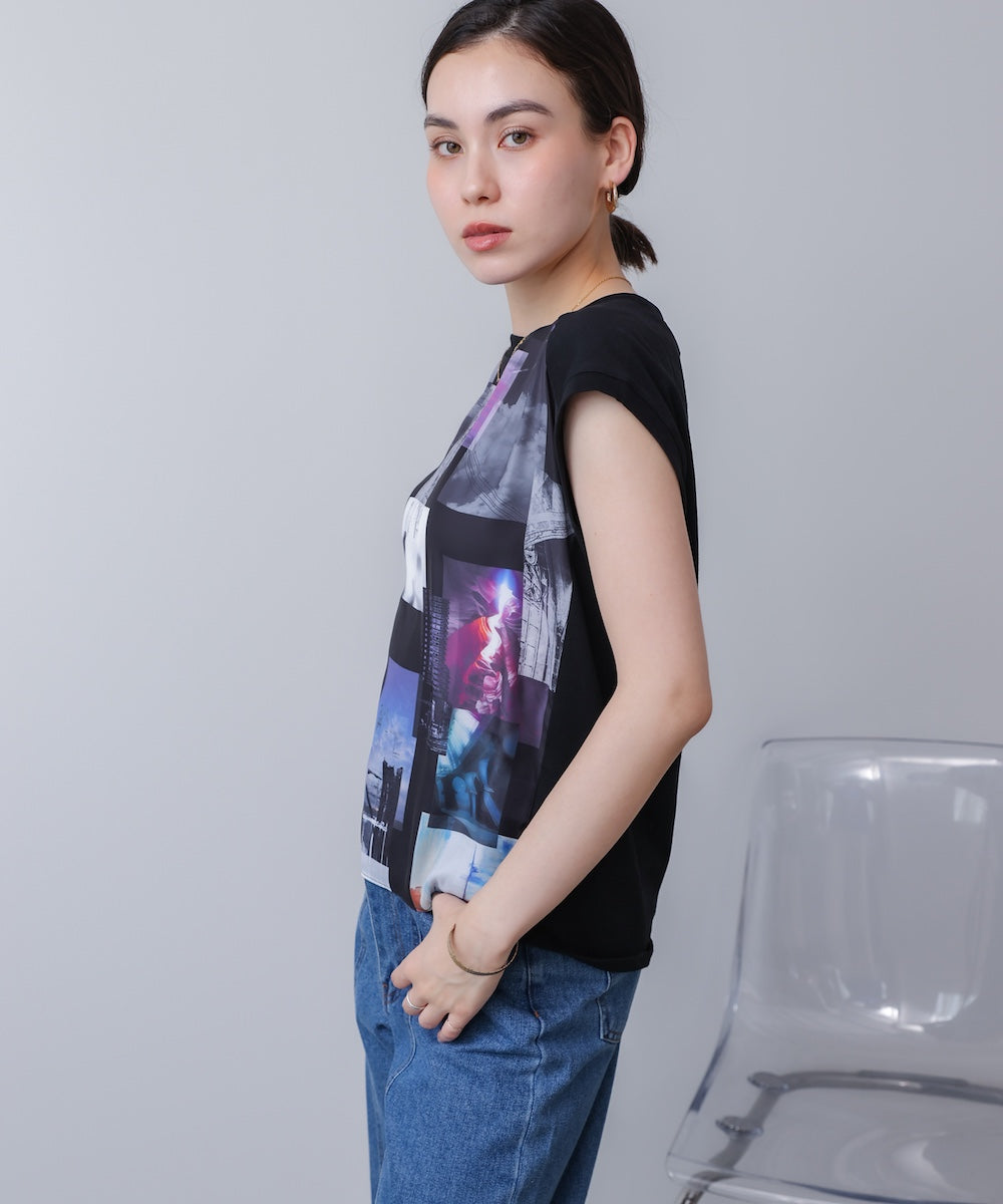 水彩ペイント柄ノースリプルオーバー