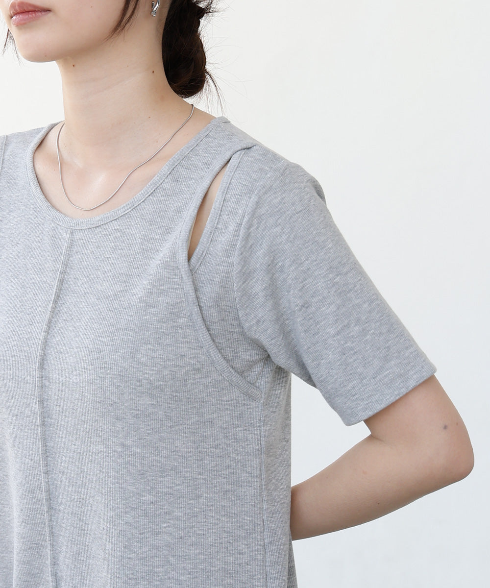 リブカットソーレイヤード風半袖ワンピース