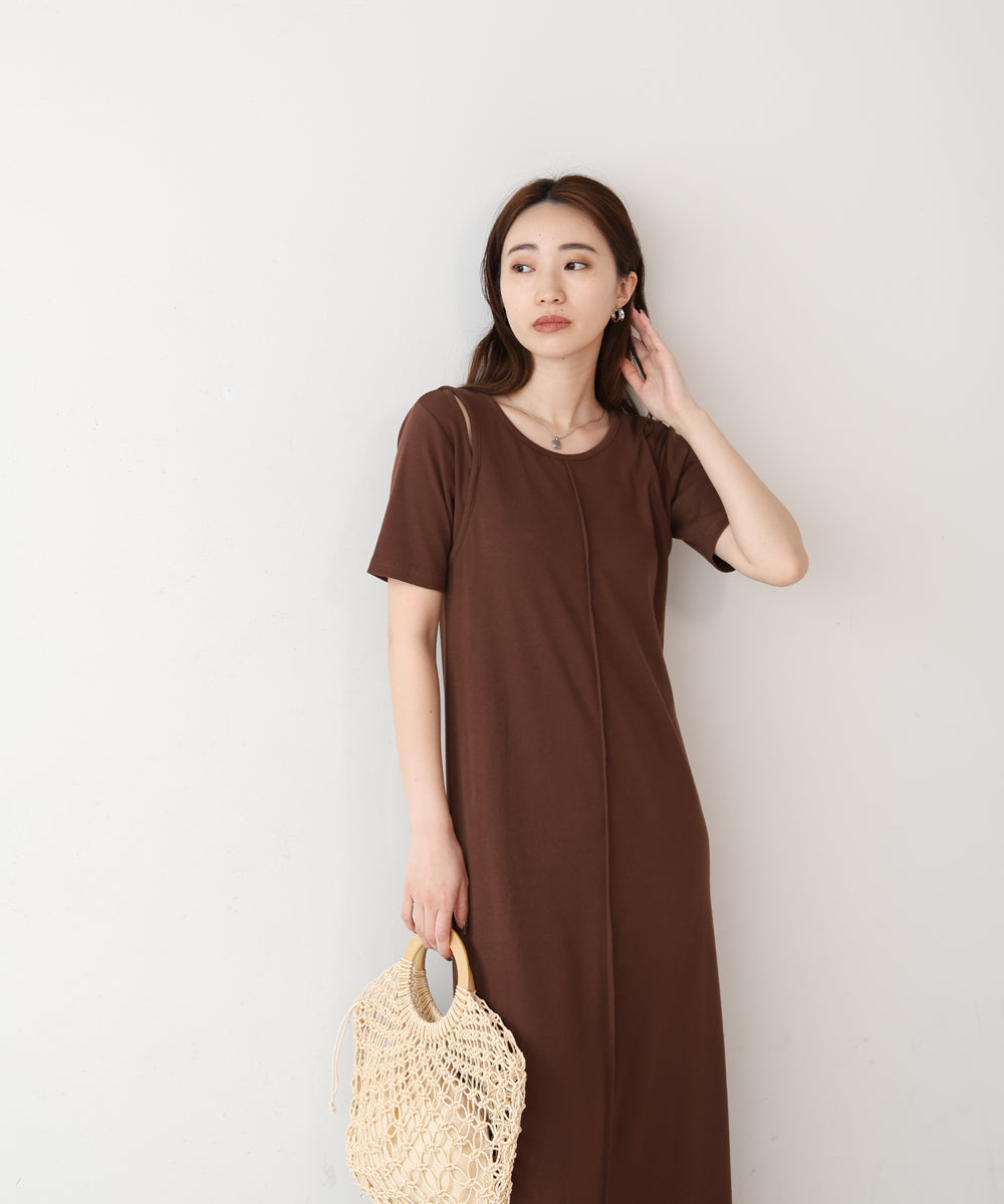 リブカットソーレイヤード風半袖ワンピース