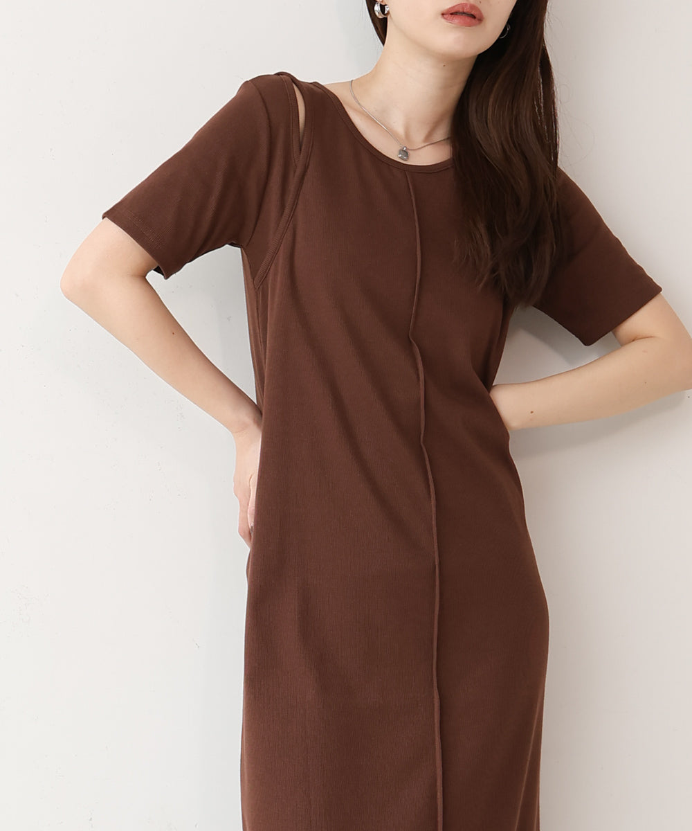 リブカットソーレイヤード風半袖ワンピース