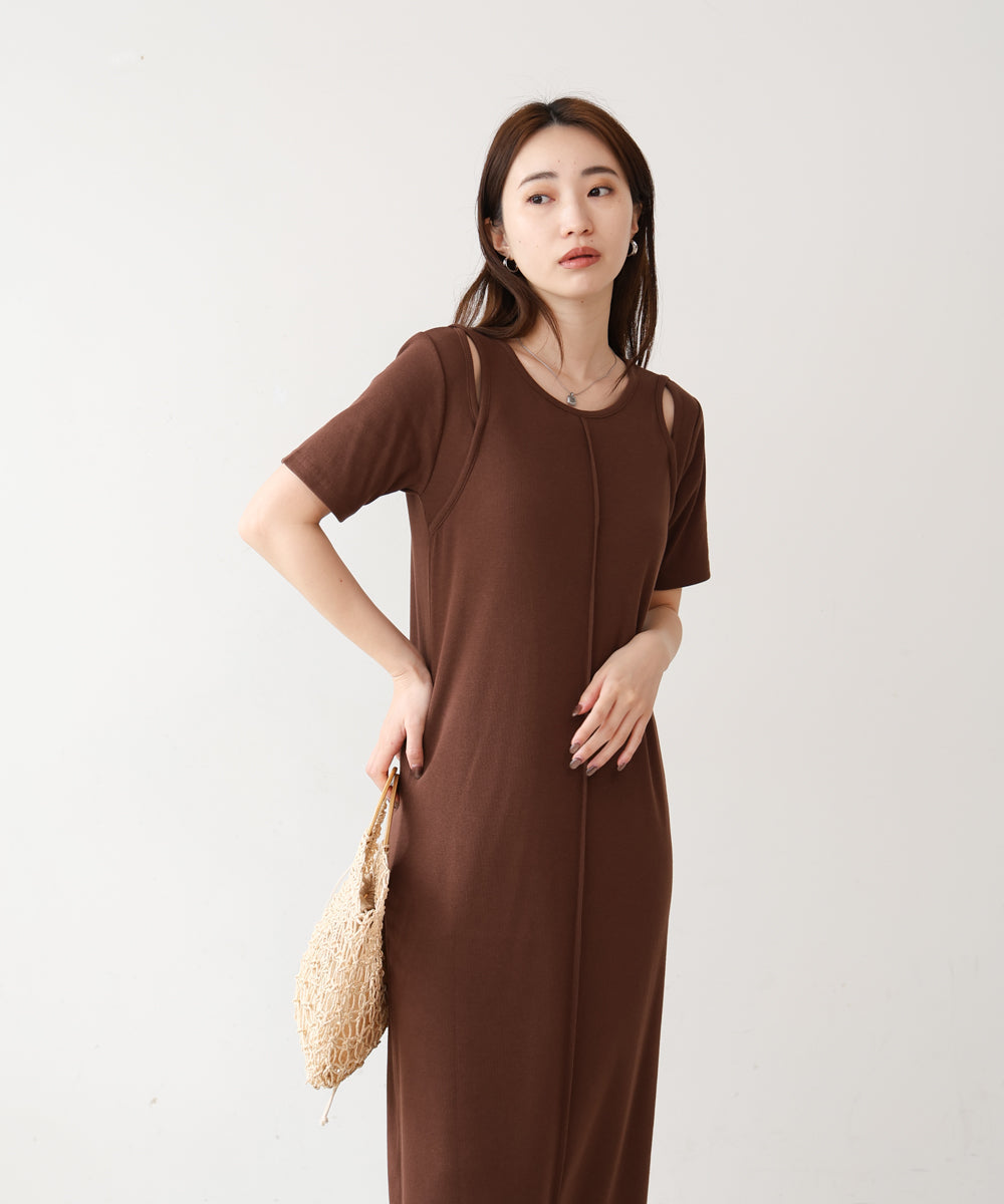 リブカットソーレイヤード風半袖ワンピース