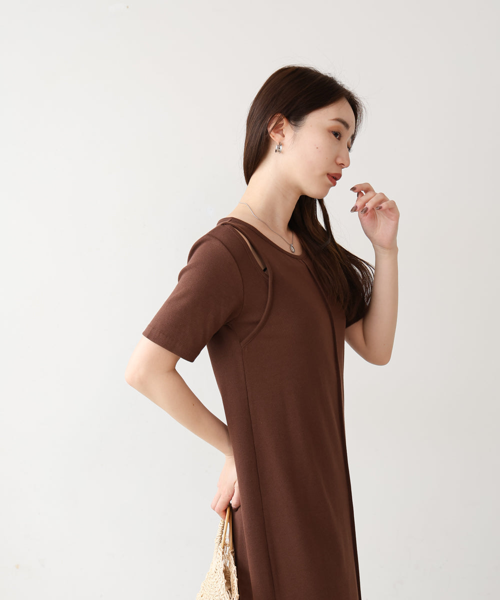 リブカットソーレイヤード風半袖ワンピース