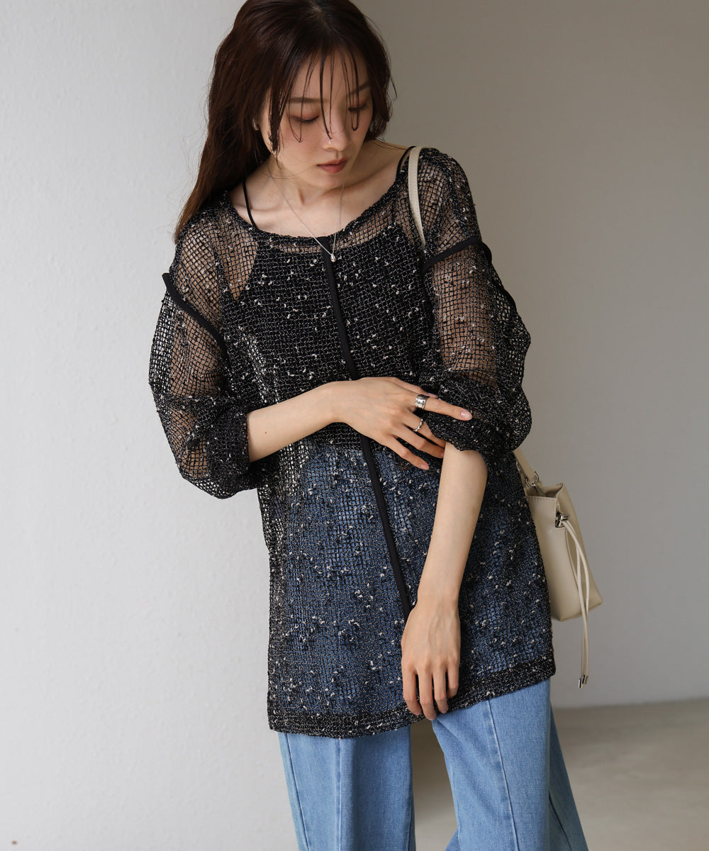 ミックスメッシュニットソートップス