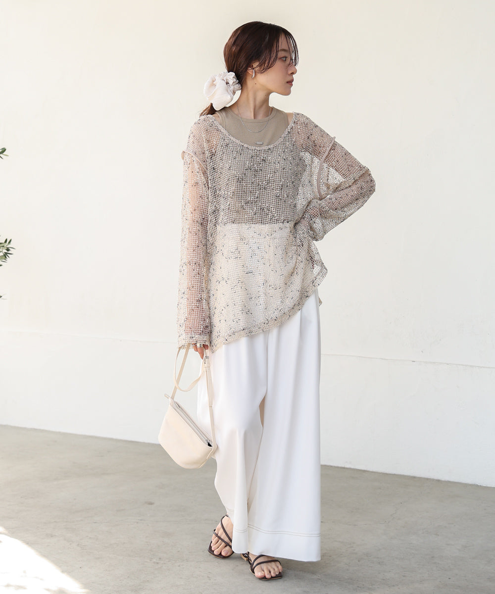 ミックスメッシュニットソートップス