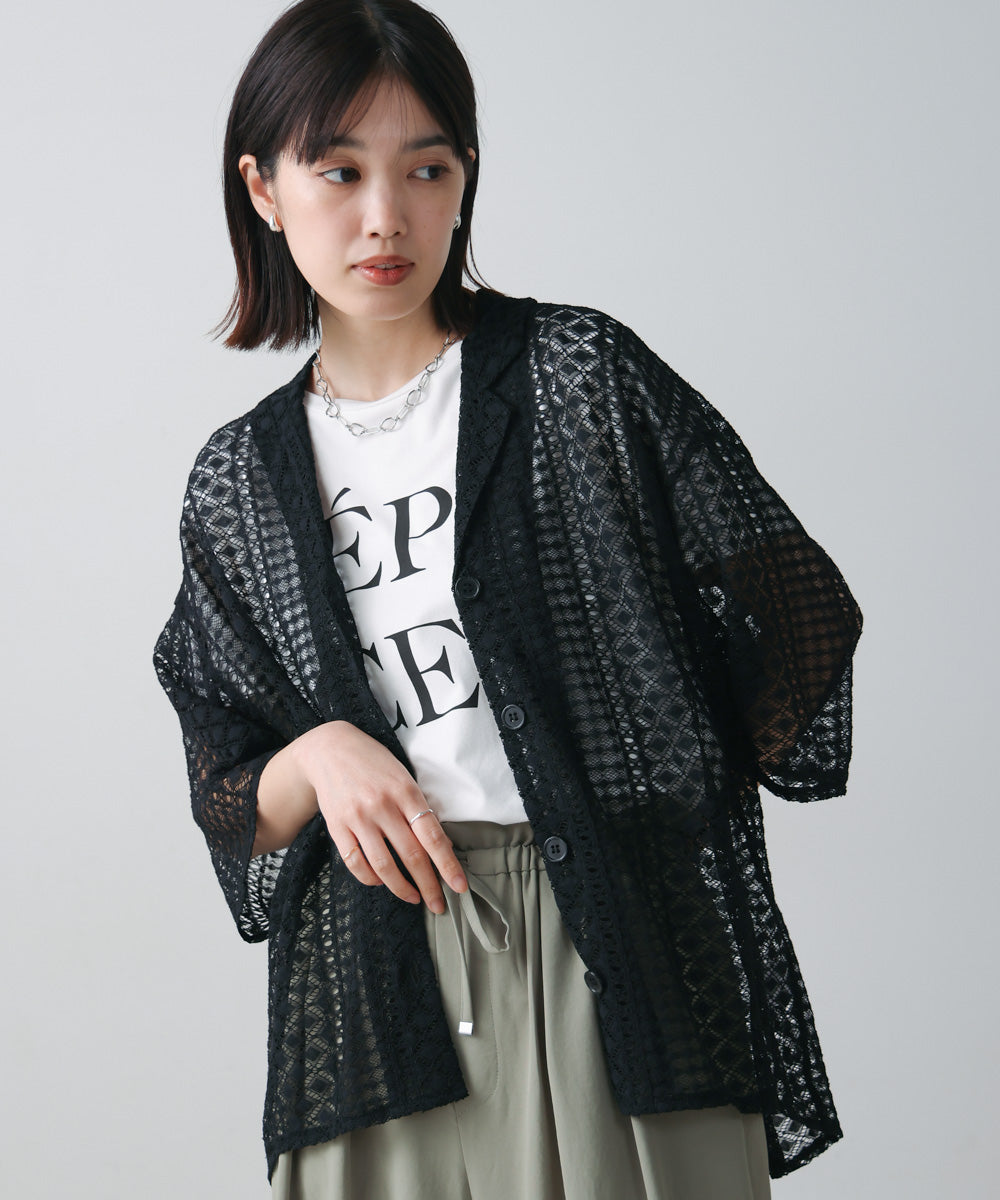 幾何学柄レース半袖シャツ