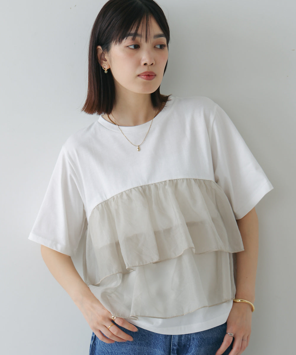 オーガンジードッキング半袖Tシャツ