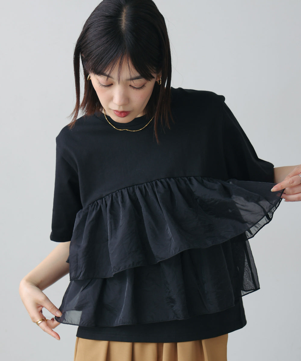 オーガンジードッキング半袖Tシャツ