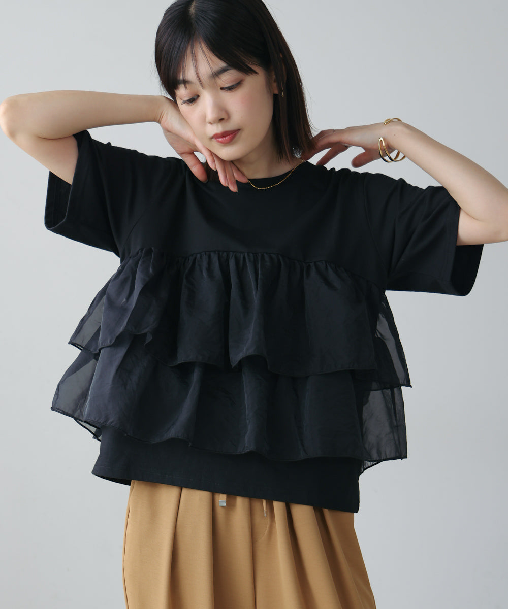 オーガンジードッキング半袖Tシャツ