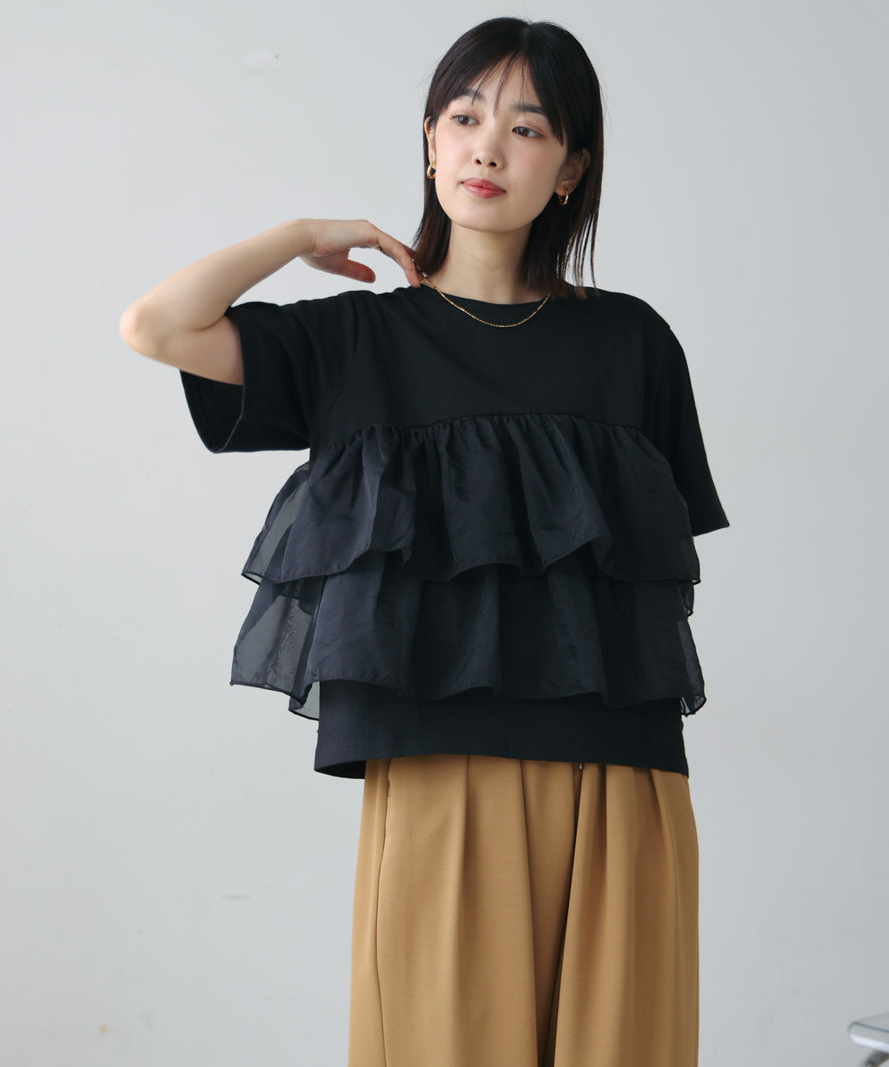 オーガンジードッキング半袖Tシャツ