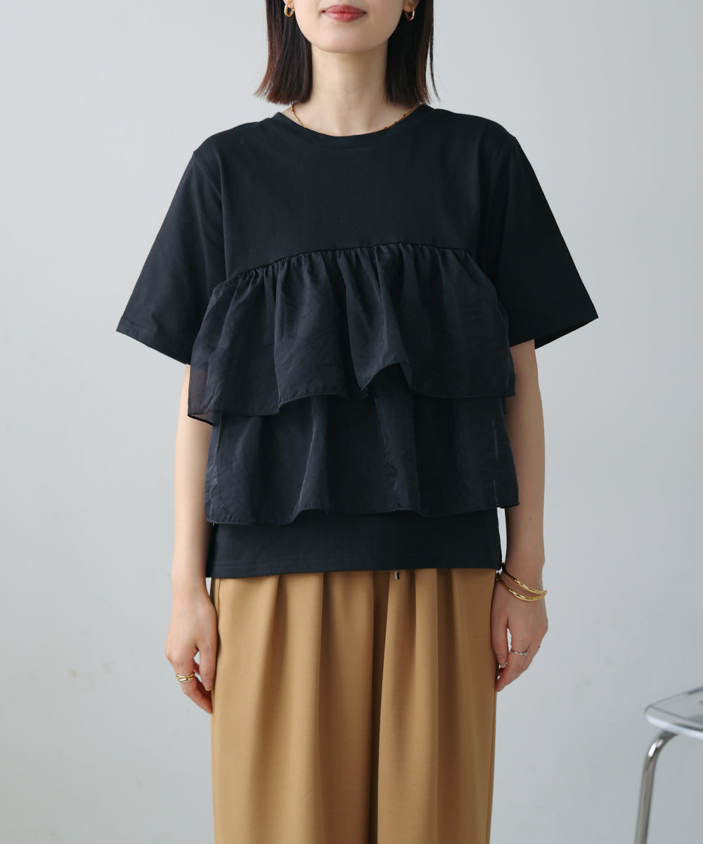 オーガンジードッキング半袖Tシャツ