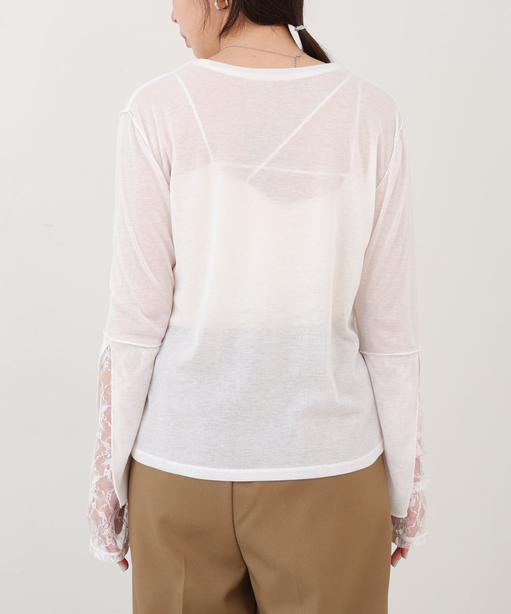 袖レースシアーリブレイヤードプルオーバー