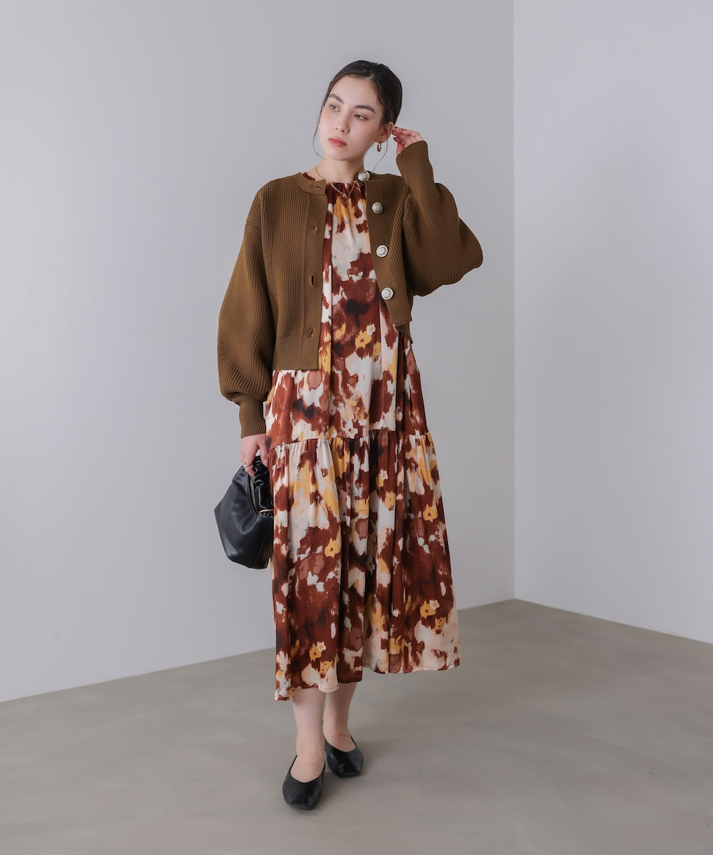 ボカシプリントギャザー切替ワンピース