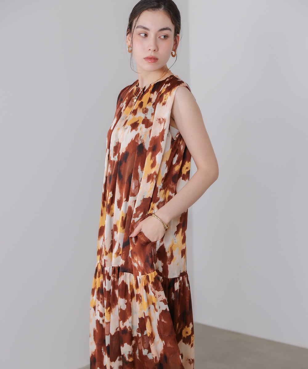 ボカシプリントギャザー切替ワンピース
