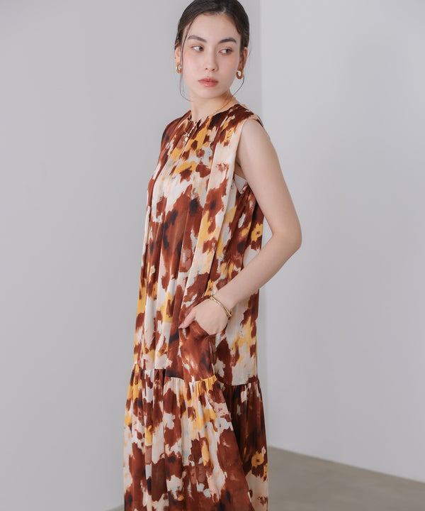 ボカシプリントギャザー切替ワンピース