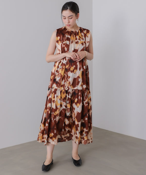 ボカシプリントギャザー切替ワンピース