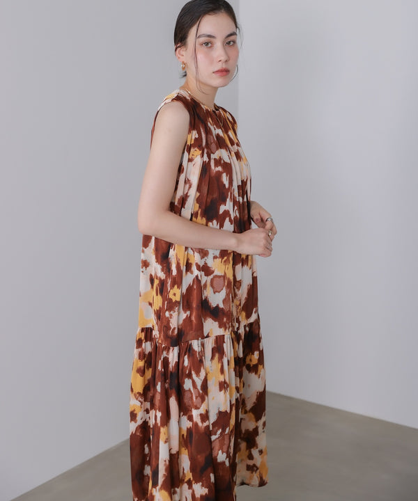 ボカシプリントギャザー切替ワンピース