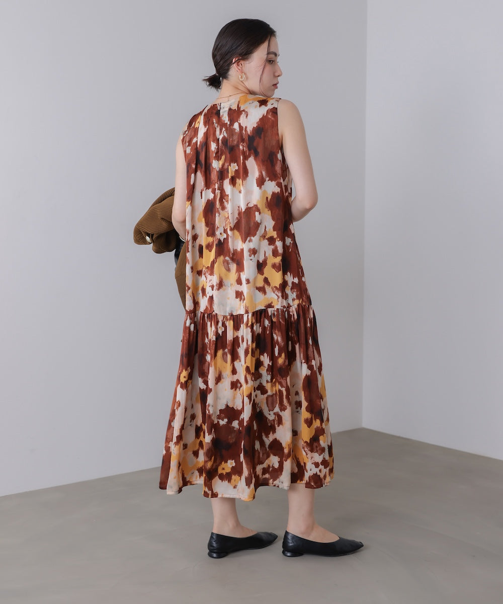 ボカシプリントギャザー切替ワンピース