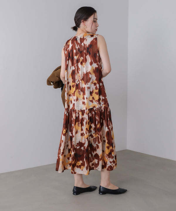 ボカシプリントギャザー切替ワンピース