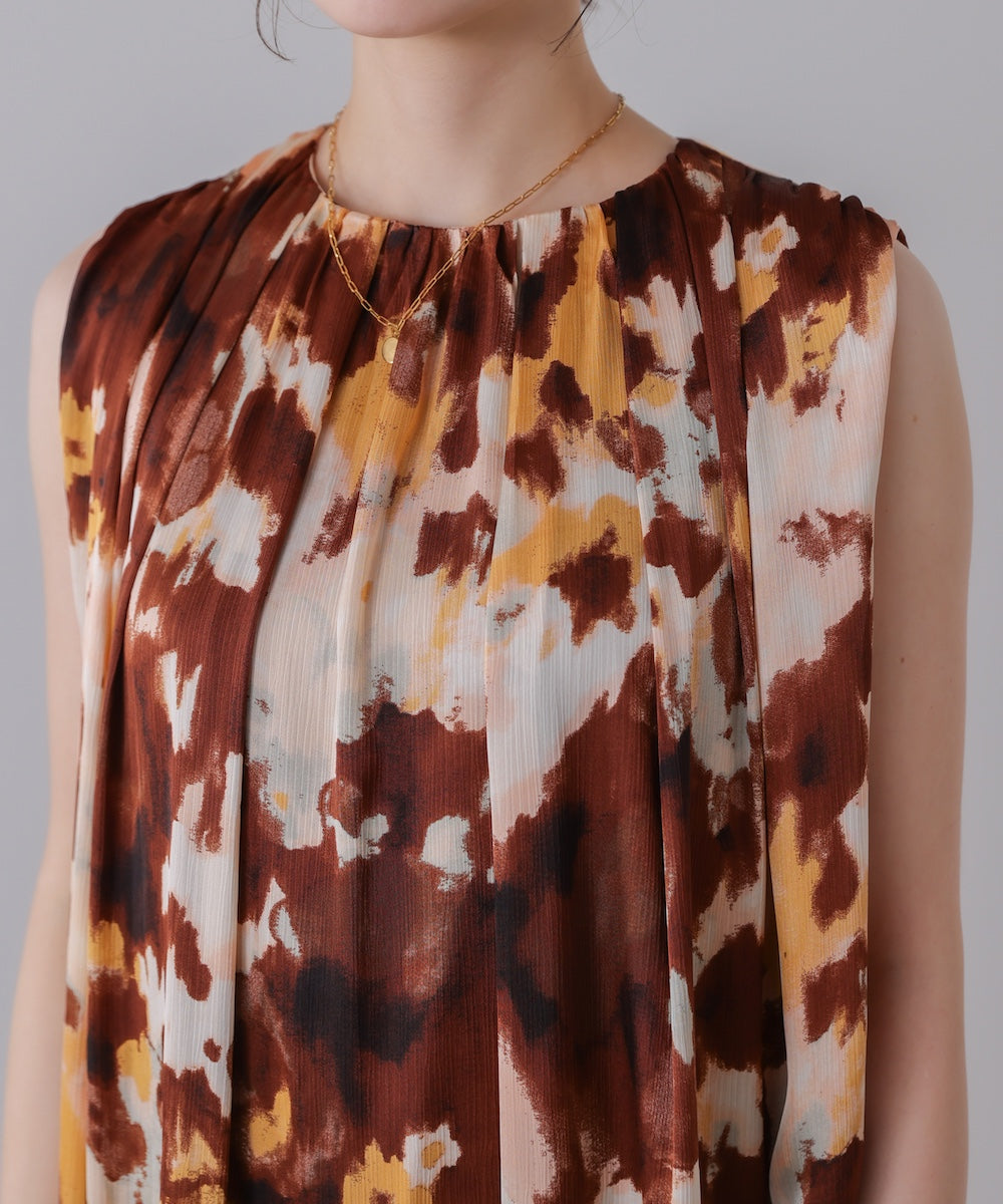 ボカシプリントギャザー切替ワンピース