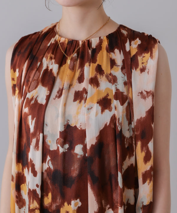 ボカシプリントギャザー切替ワンピース