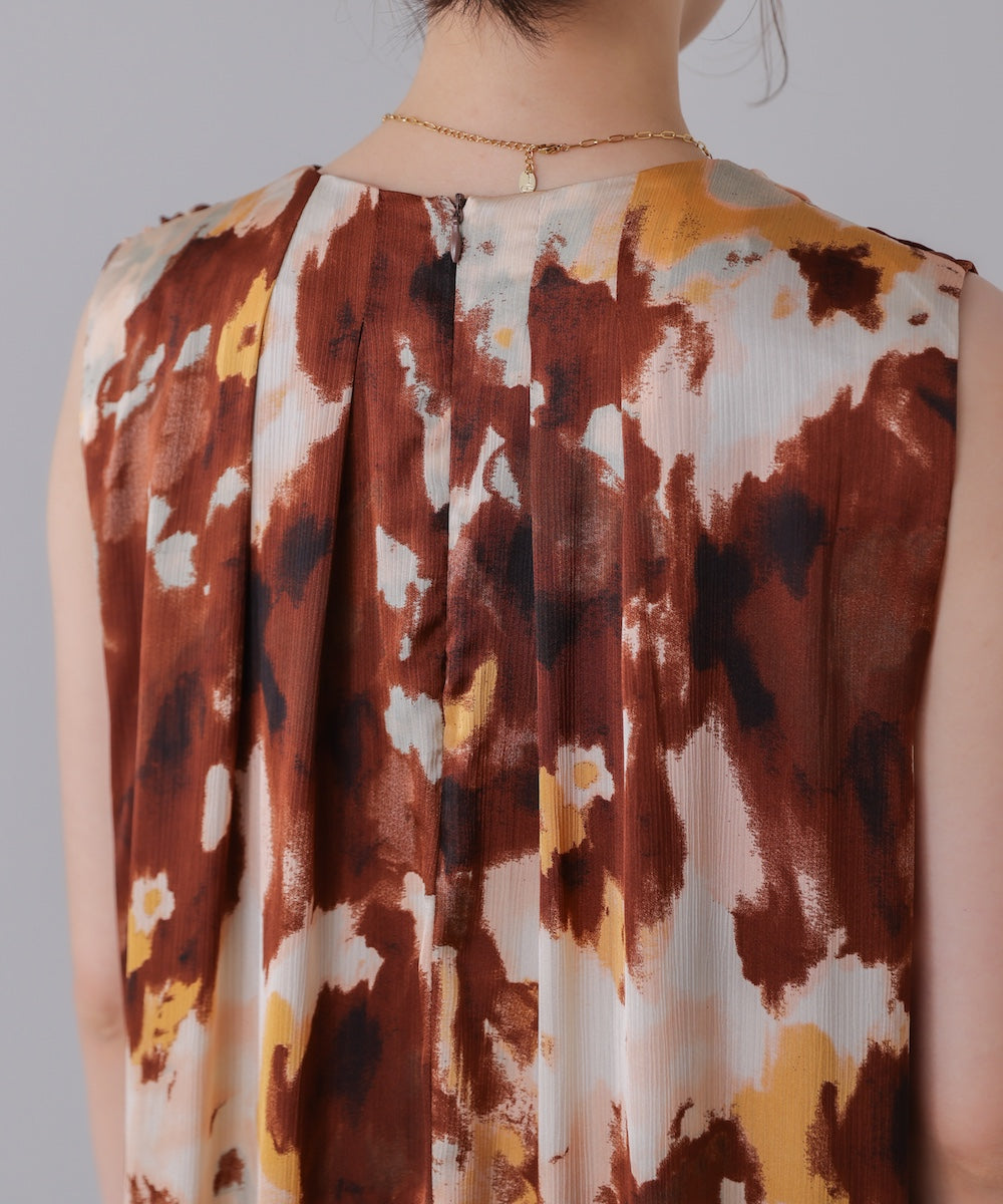 ボカシプリントギャザー切替ワンピース