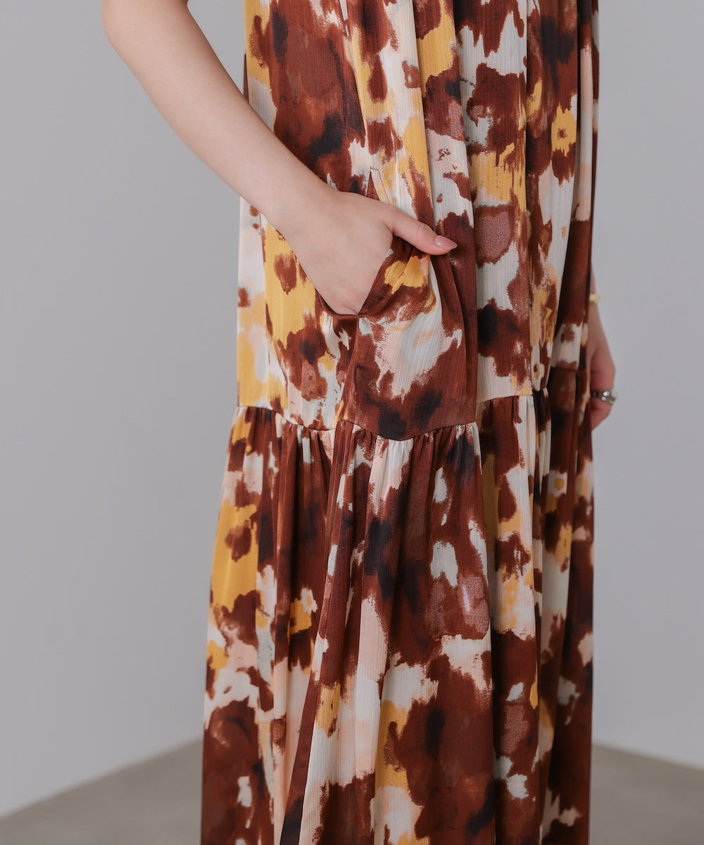 ボカシプリントギャザー切替ワンピース