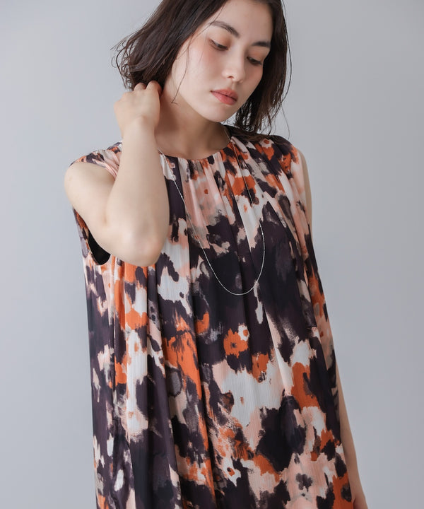 ボカシプリントギャザー切替ワンピース