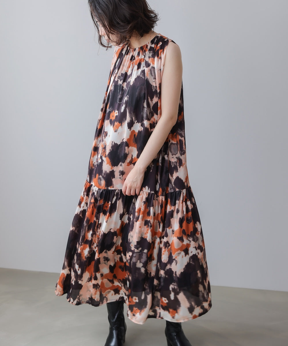 ボカシプリントギャザー切替ワンピース