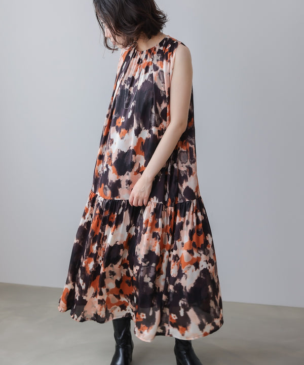 ボカシプリントギャザー切替ワンピース