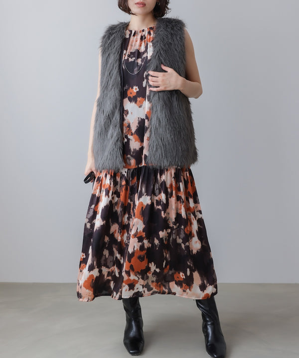 ボカシプリントギャザー切替ワンピース