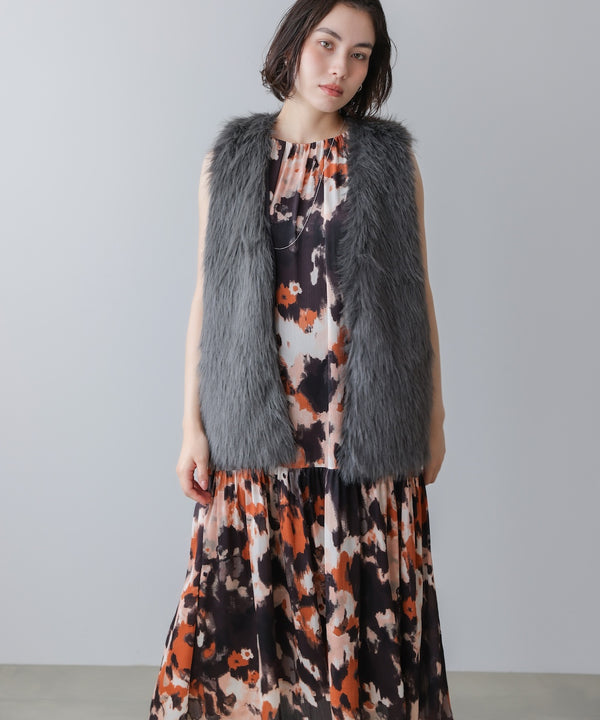 ボカシプリントギャザー切替ワンピース