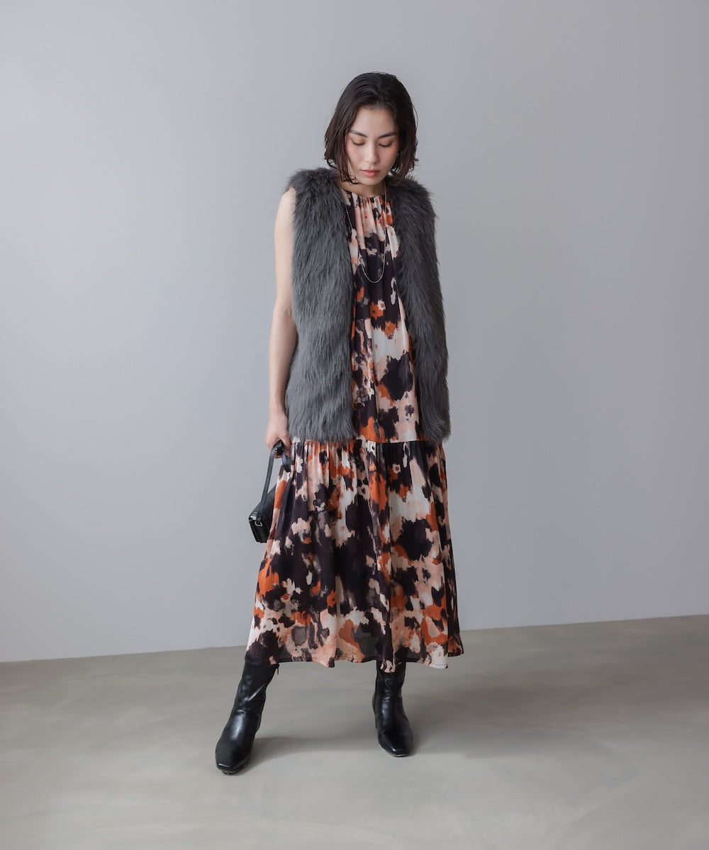 ボカシプリントギャザー切替ワンピース