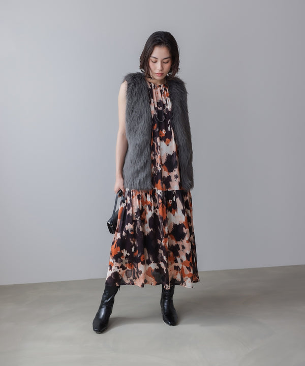 ボカシプリントギャザー切替ワンピース