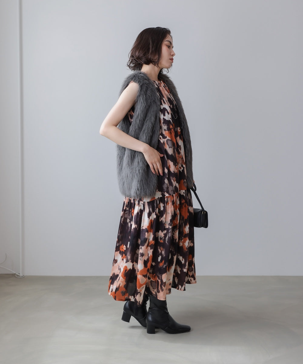 ボカシプリントギャザー切替ワンピース