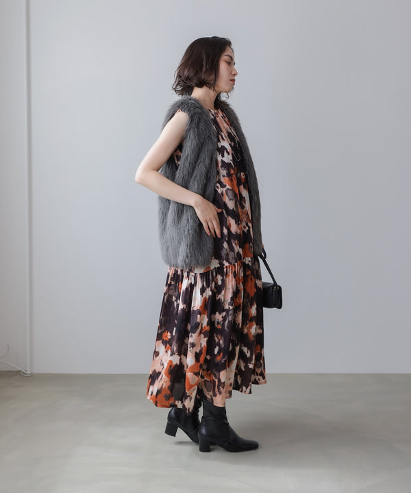 ボカシプリントギャザー切替ワンピース