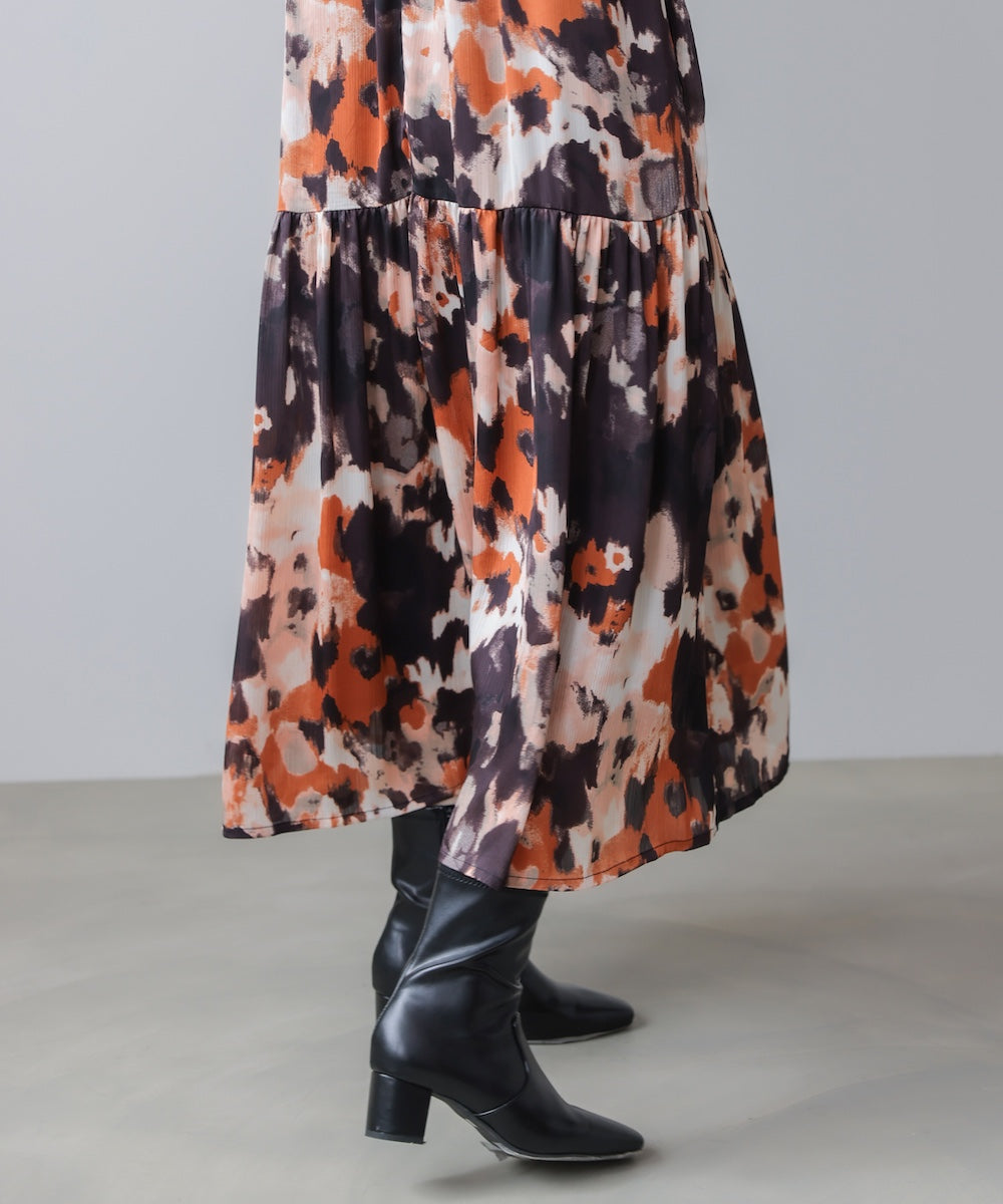 ボカシプリントギャザー切替ワンピース