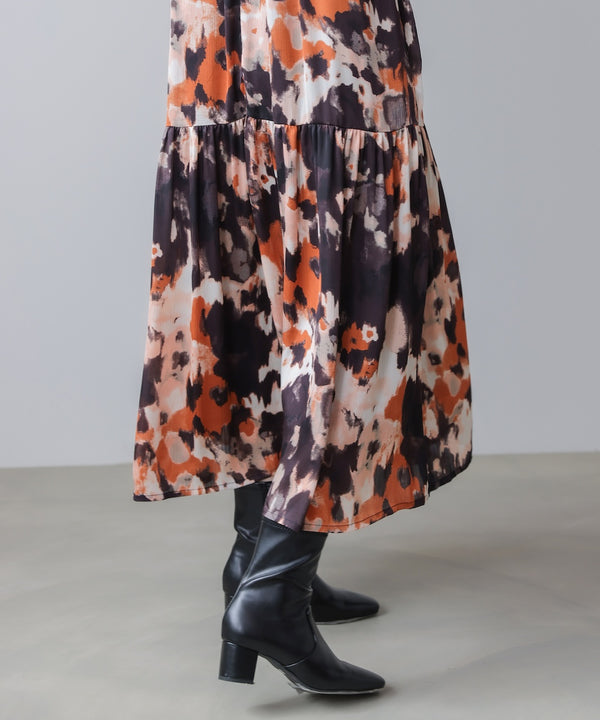 ボカシプリントギャザー切替ワンピース