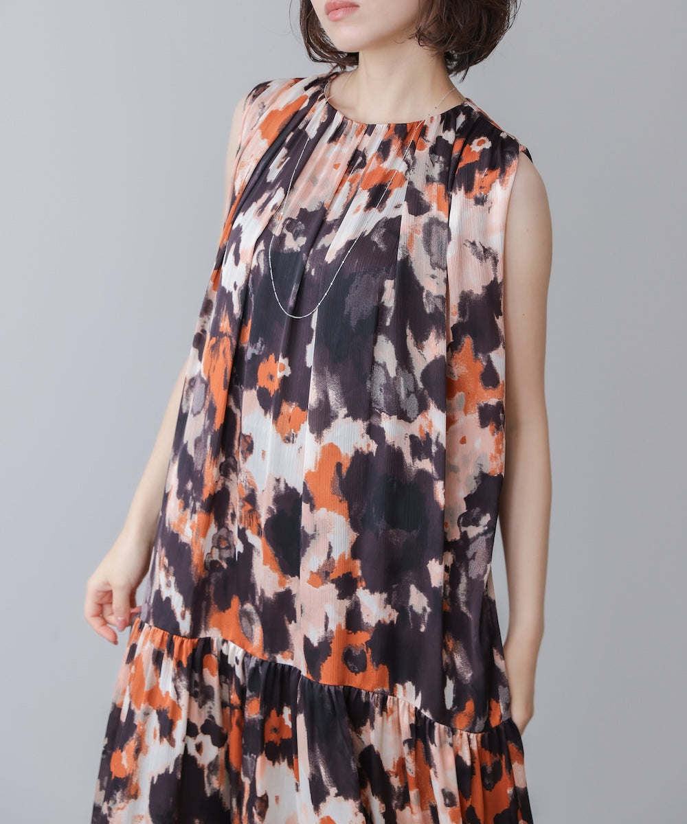 ボカシプリントギャザー切替ワンピース